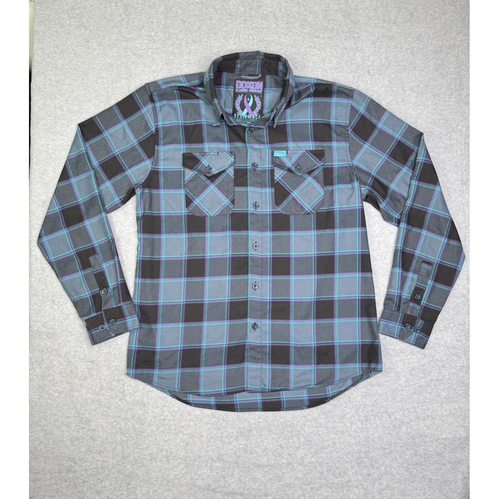 Dixxon Flannel Co Resilience Plaid D-Tech Shirt Mens Large Teal Purple Black